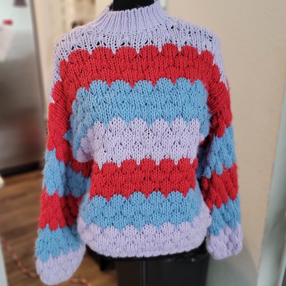 Forever 21 Colorblock Chevron Chunky Knit Sweater Mock Neck Red Blue Purple‎ S